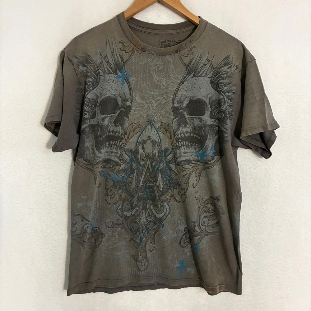 Vtg Y2K MMA Elite‎ Shirt Mens L Grunge Skulls Cross Tattoo UFC Distressed Tee